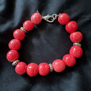 Red and Silver Beaded Bracelet with Metallic Spacers